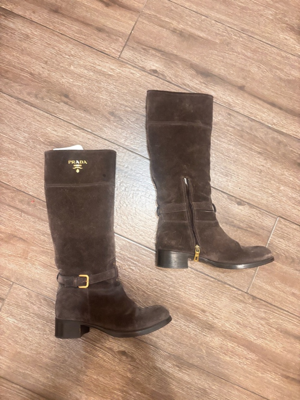 Prada Dark Brown Suede Riding Boots with Gold Accents